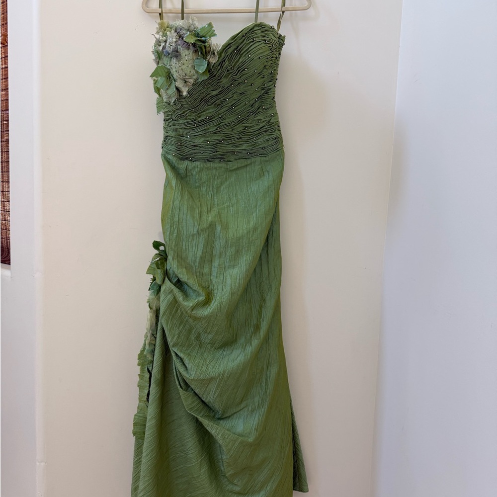 Terani Couture Green Asymmetrical Ruched Gown